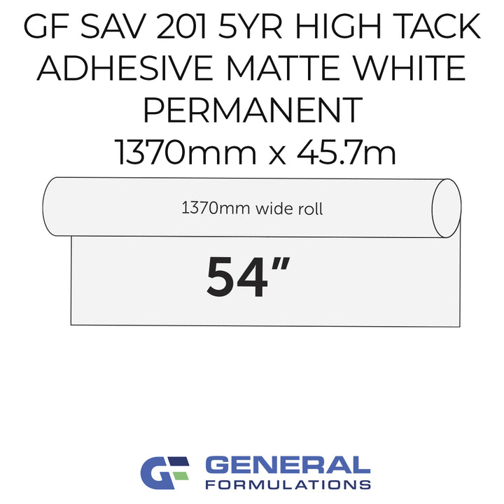Roll of GF SAV 201 high tack adhesive with specifications on a white background