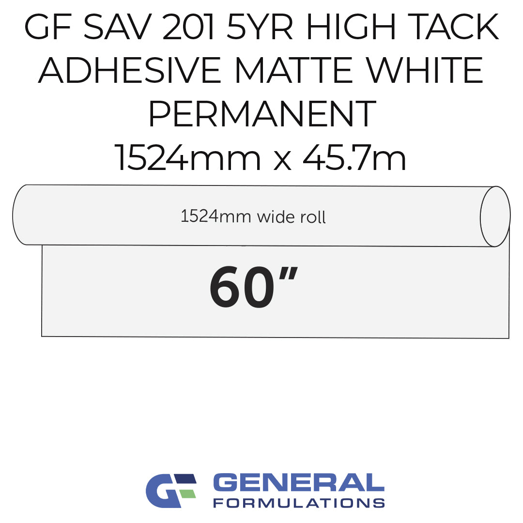 Roll of GF SAV 201 high tack adhesive with specifications on a white background