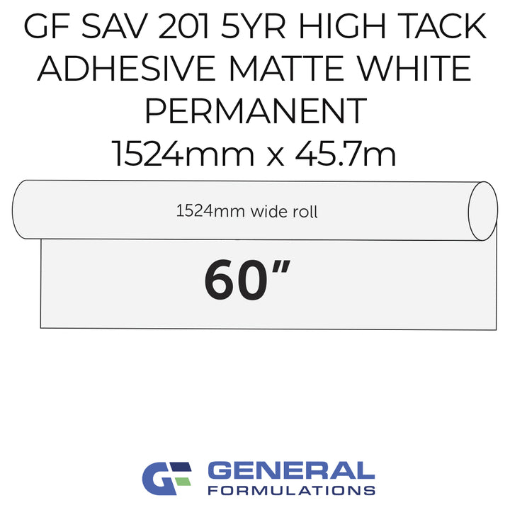 Roll of GF SAV 201 high tack adhesive with specifications on a white background