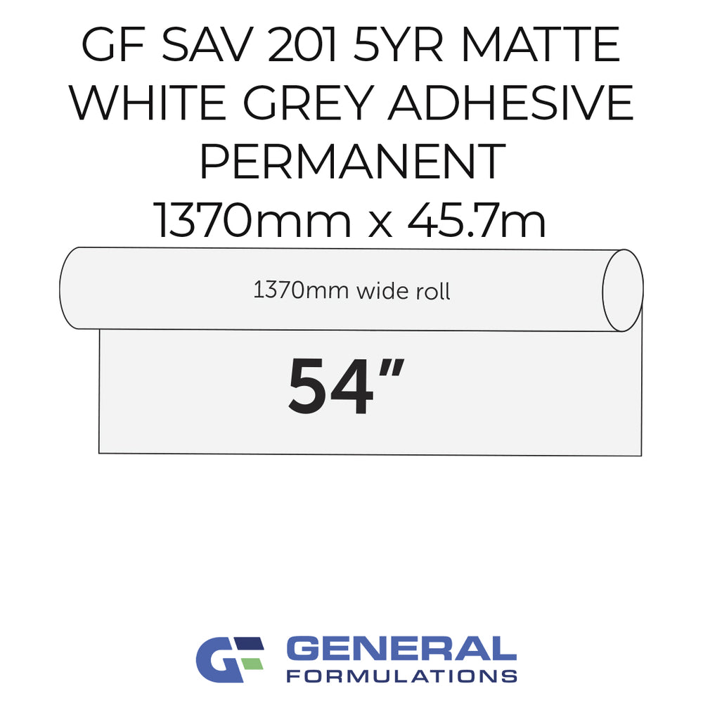 Product label for GF SAV 201 5YR MATTE WHITE GREY ADHESIVE PERMANENT with dimensions and General Formulations logo.