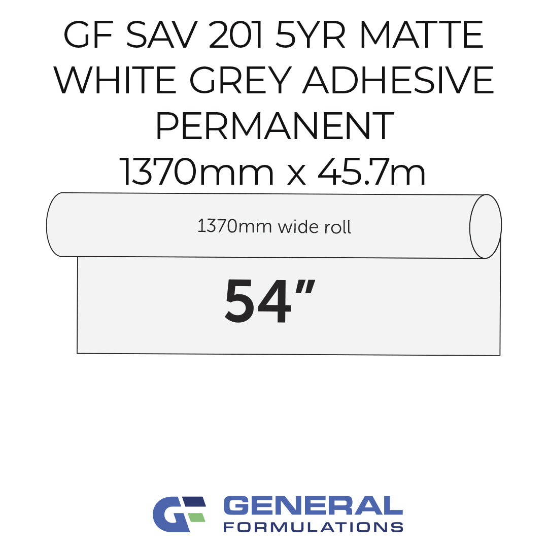 Product label for GF SAV 201 5YR MATTE WHITE GREY ADHESIVE PERMANENT with dimensions and General Formulations logo.