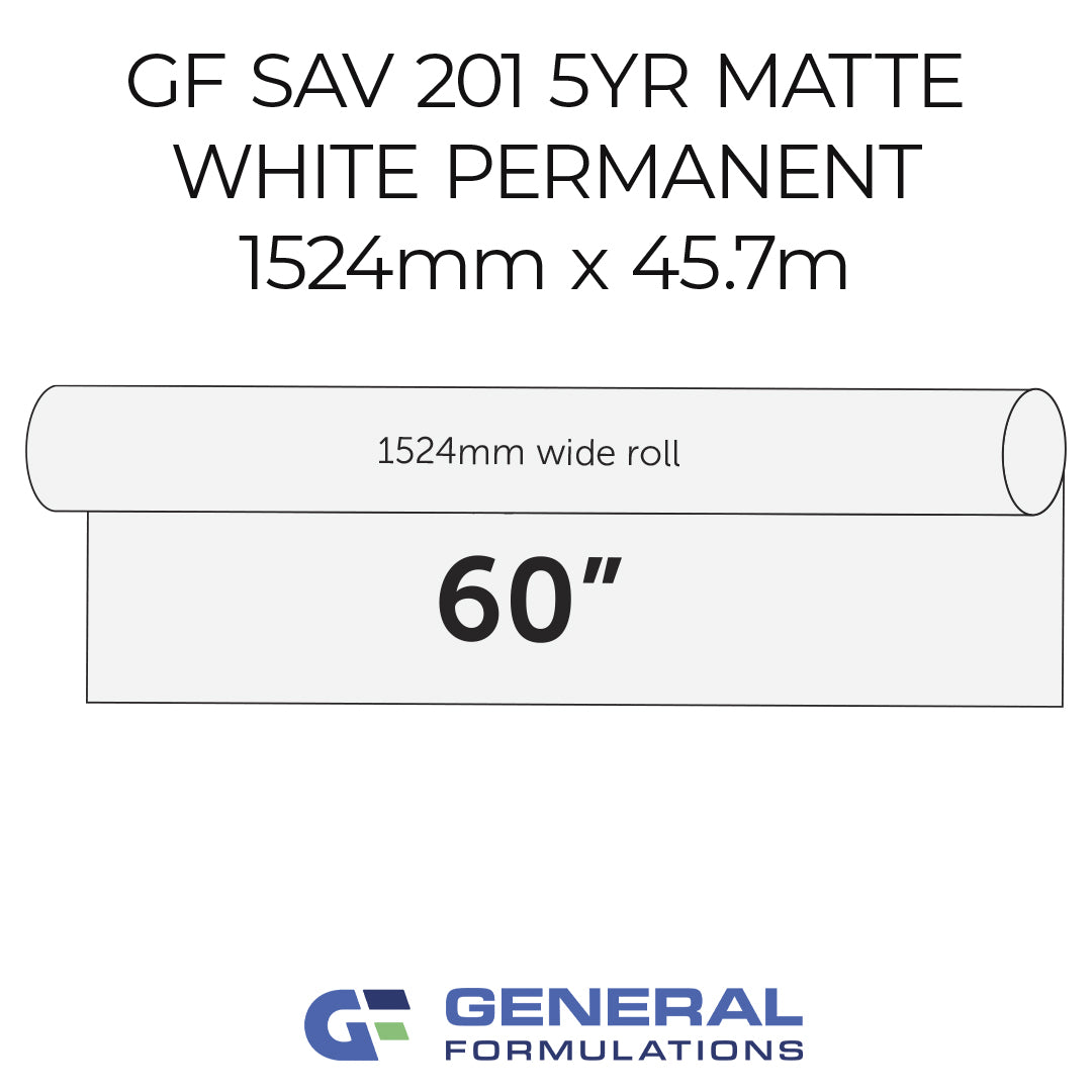 Roll of GF SAV 201 5YR Matte White Permanent vinyl with dimensions and General Formulations logo.