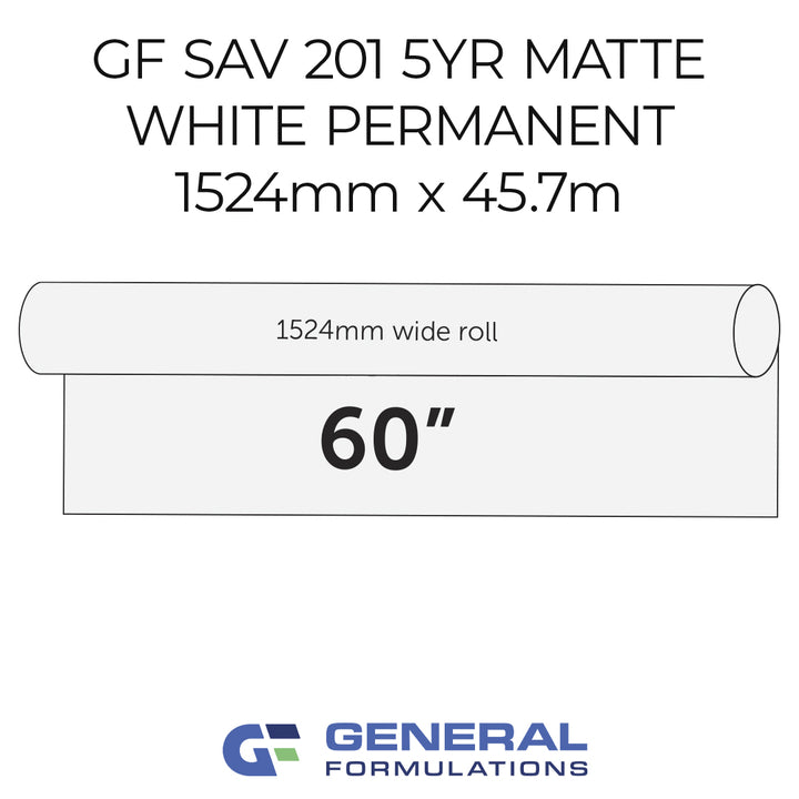 Roll of GF SAV 201 5YR Matte White Permanent vinyl with dimensions and General Formulations logo.