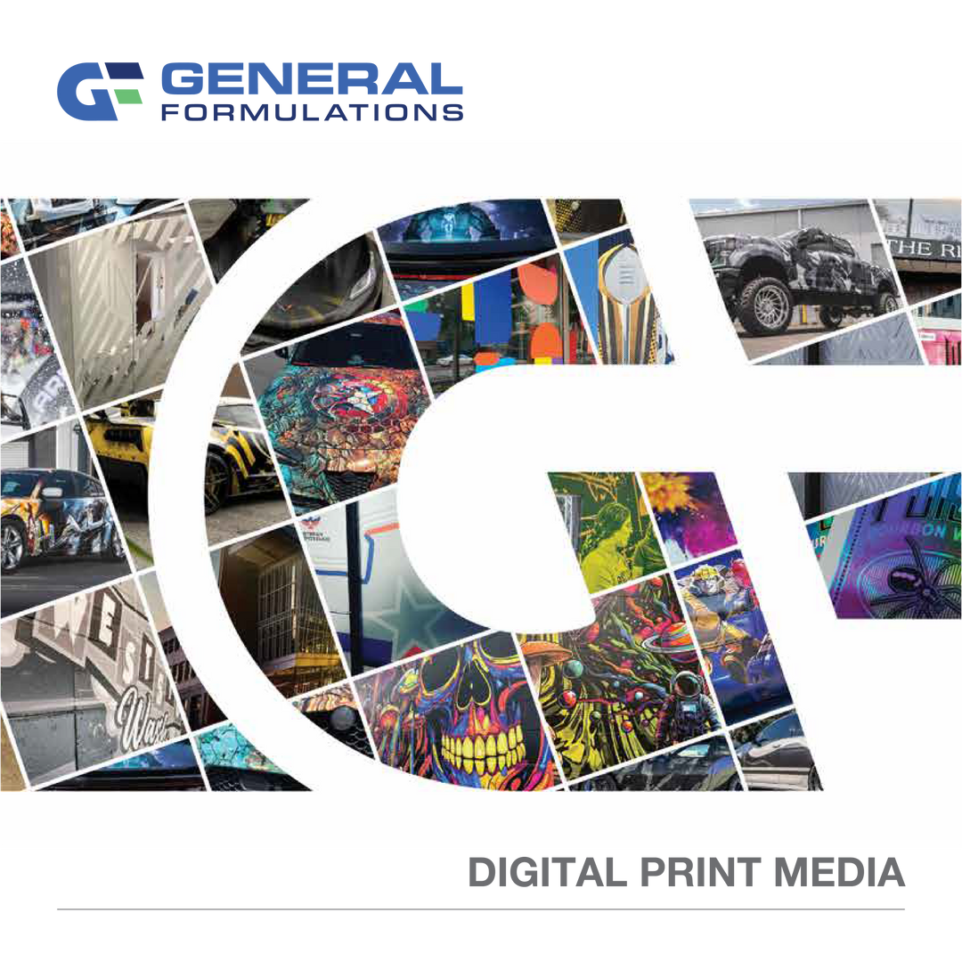 Collage of digital print media with General Formulations logo and text on a white background