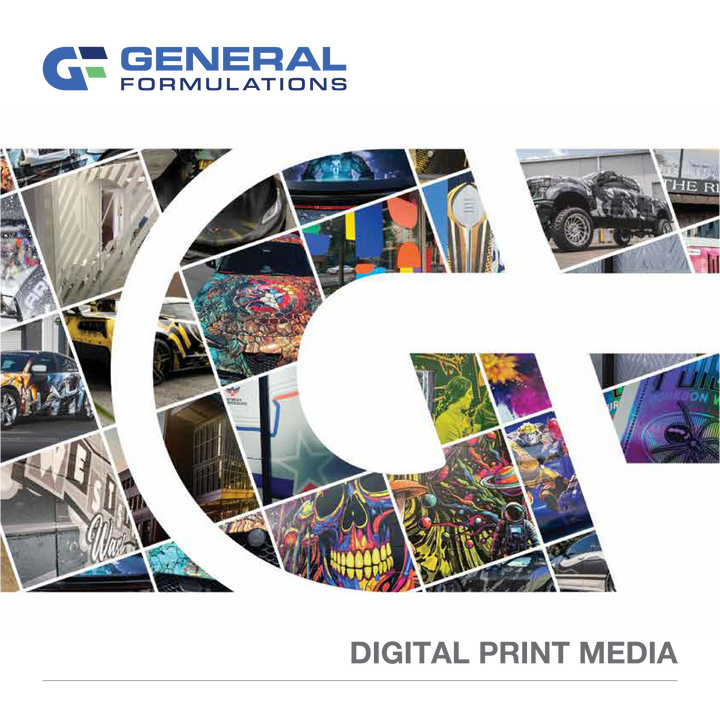 Collage of digital print media with General Formulations logo and text on a white background