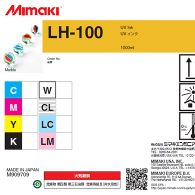 Mimaki LH-100 UV ink cartridge packaging with color chart and branding.