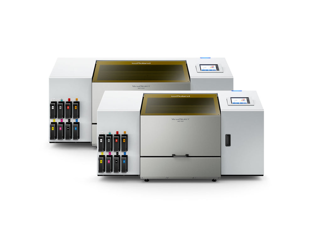 Promotional image for Roland DG VersaOBJECT MO Series UV flatbed printers, highlighting the MO-240 and MO-180 models with included features such as ECS-UV 750ml inks and a rotary unit with ULT filtration.