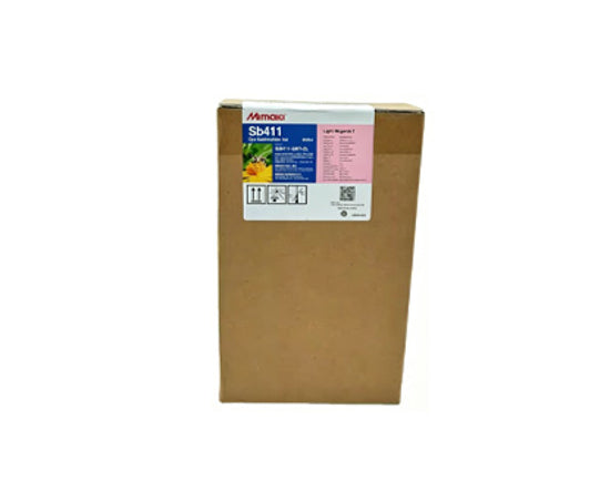 A brown cardboard box of Mimaki SB411 Light magenta dye sublimation ink, shown against a plain white background.