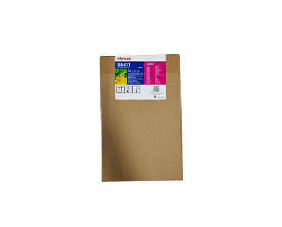 A brown cardboard box of Mimaki SB411 magenta dye sublimation ink, shown against a plain white background.