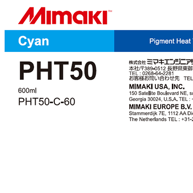 Mimaki PHT50 pigment heat transfer ink label with product details.