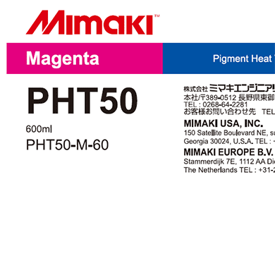 Mimaki PHT50 magenta ink cartridge label on a white background