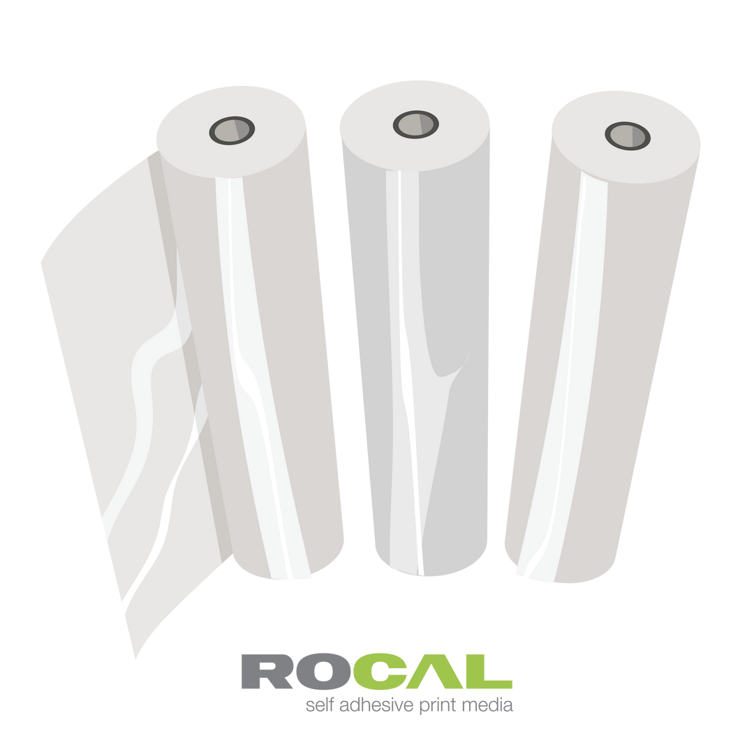 Three rolls of self-adhesive print media with ROCAL branding on a white background