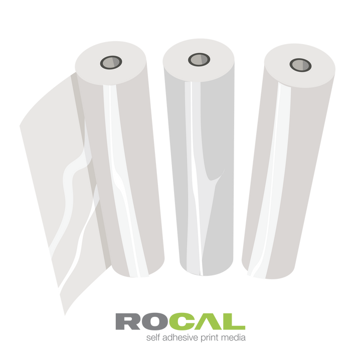 Three rolls of self-adhesive print media with ROCAL branding on a white background