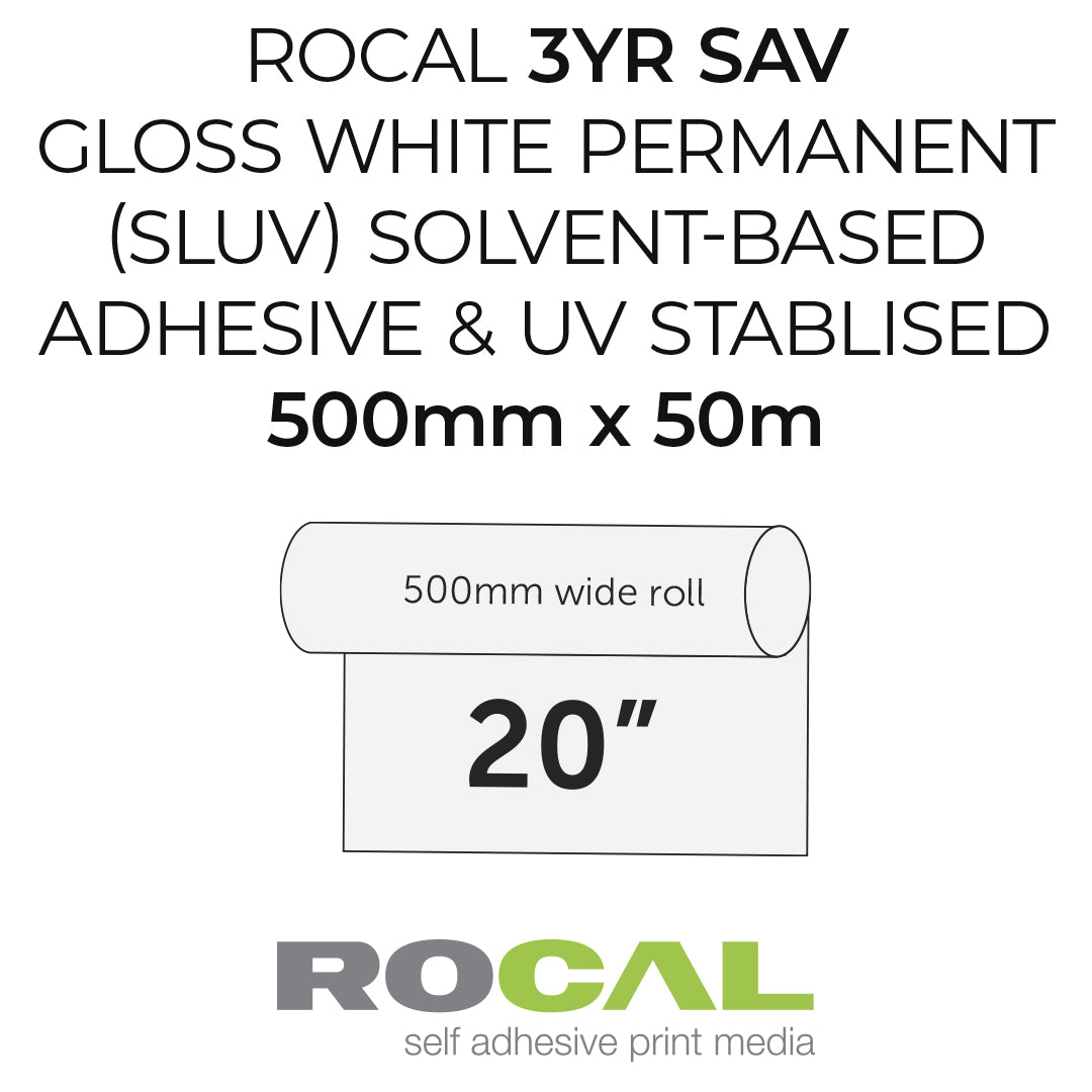 Text-based product graphic for ROCAL 3YR SAV gloss white permanent solvent-based adhesive and UV stabilised print media, showing a roll diagram labeled 500mm wide roll and 20 inches, with dimensions 500mm x 50m on a white background.