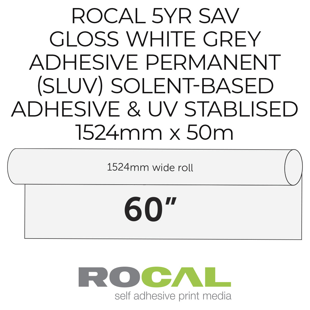 Rocal self-adhesive print media roll with product details on a white background