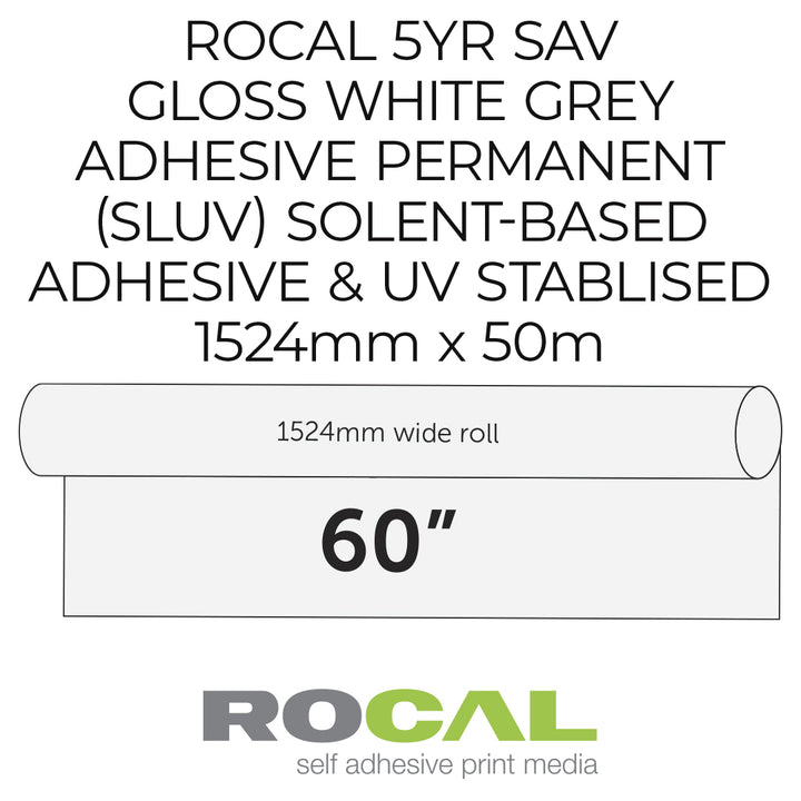 Rocal self-adhesive print media roll with product details on a white background