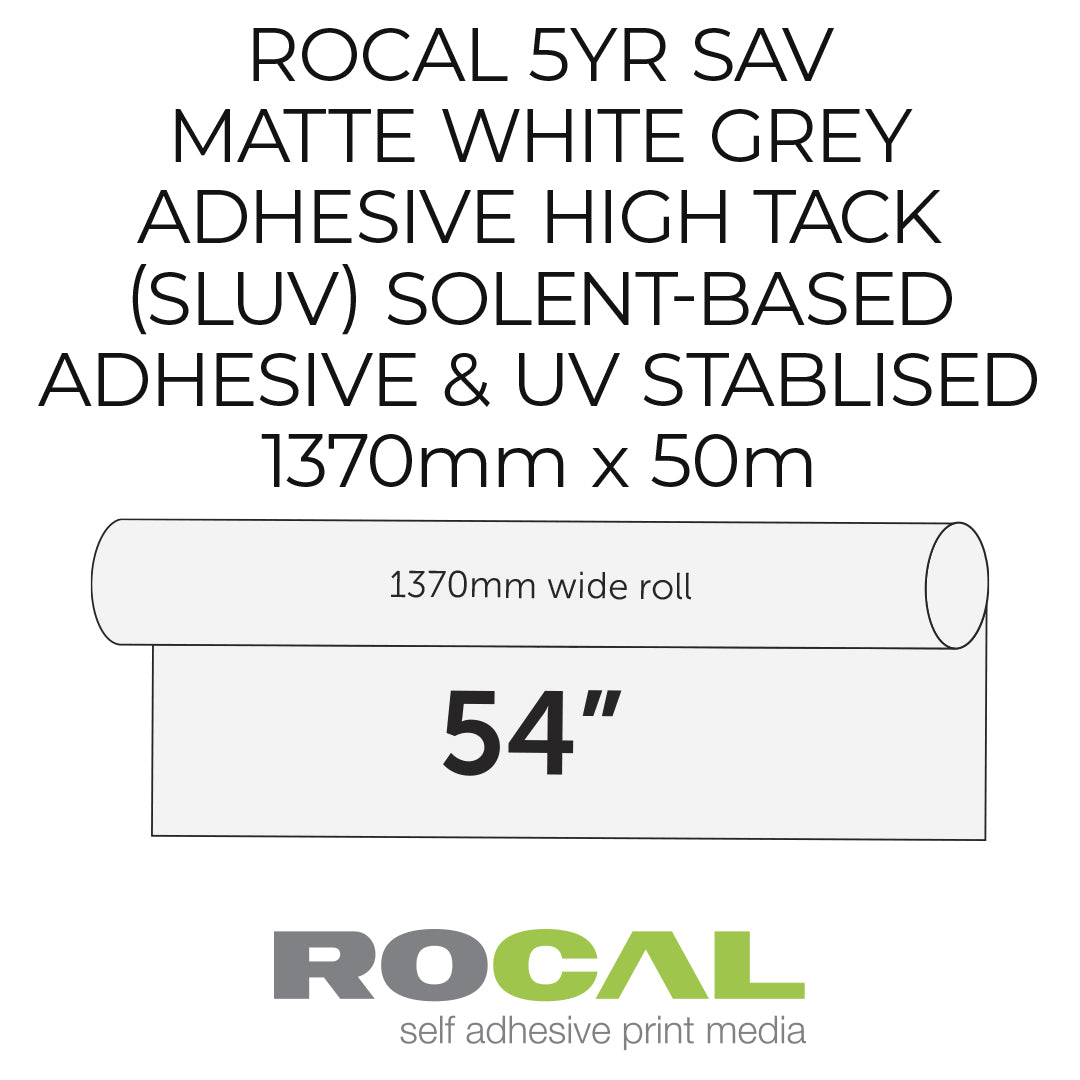 Product label for Rocal self-adhesive print media with adhesive and UV stabilised details.
