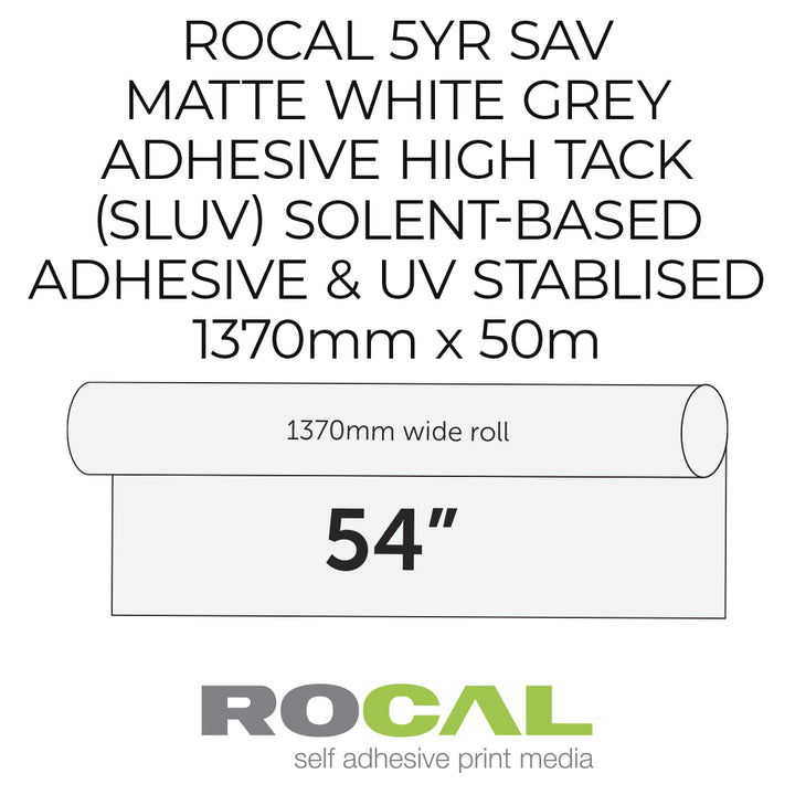 Product label for Rocal self-adhesive print media with adhesive and UV stabilised details.