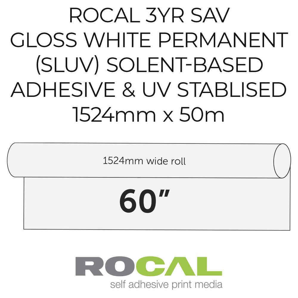 Advertisement for Rocal self-adhesive print media with product details on a white background