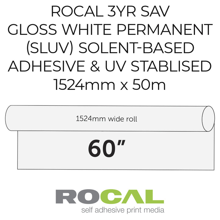 Advertisement for Rocal self-adhesive print media with product details on a white background