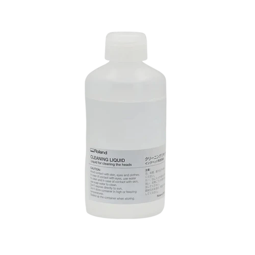 A translucent white plastic bottle of Roland Cleaning Liquid with a white cap, featuring a white label with black text, on a solid white background.