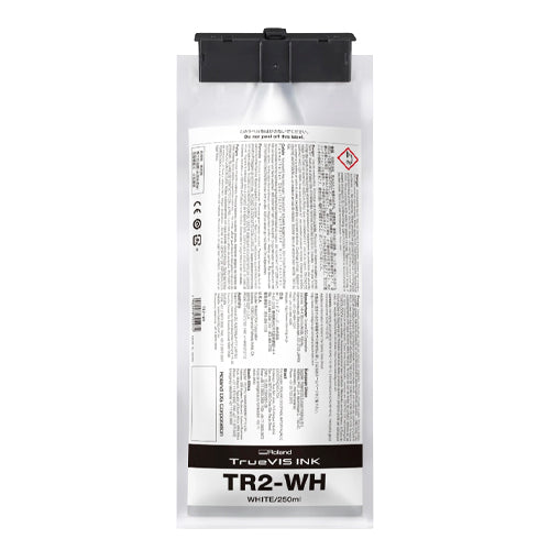 TrueVis Ink TR2-WH white toner cartridge, showing the back of the packaging with product details, barcode, and hazard symbols on a plain white background.