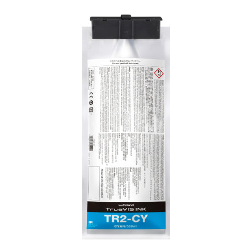 A 500ml cartridge ink bottle from Canon TrueVis Ink, model TR2-CY, in its original clear plastic packaging with a black cap and a white label containing detailed product information.
