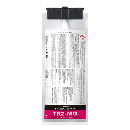 A 500ml bag of TrueVIS INK TR2-MG Magenta liquid ink, featuring a clear plastic bag with a black top seal and a black and pink label at the bottom.