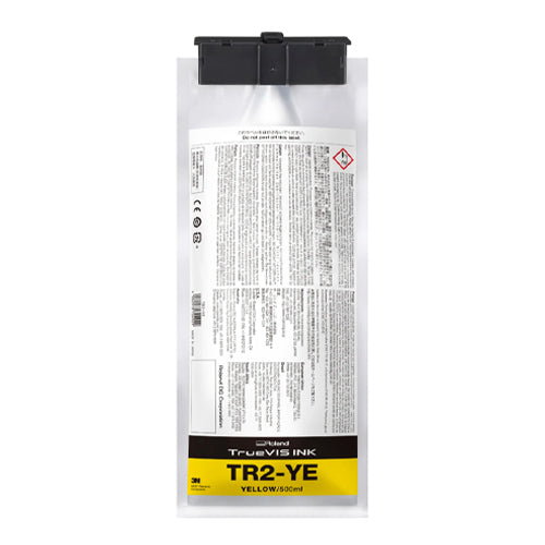 A 500ml pouch of TrueVis Ink TR2-YE (Yellow) ink, featuring a white body with a black cap and a yellow label at the bottom.