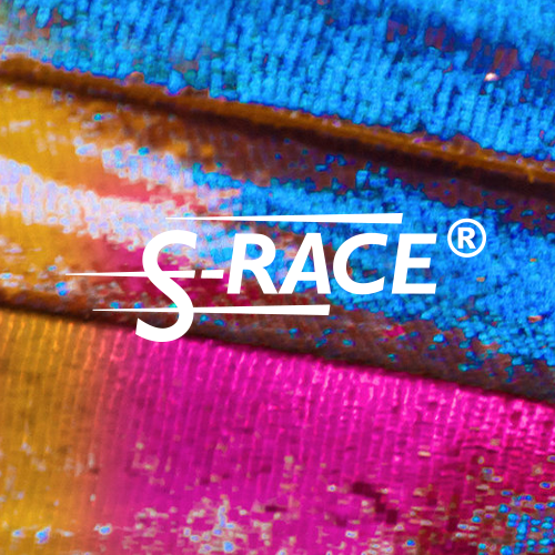 Colorful textured fabric with S-Race logo overlay