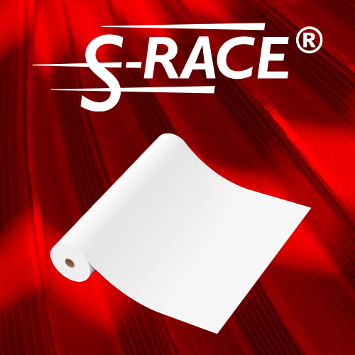 White dye-sub transfer sheet with S-Race logo on a red background