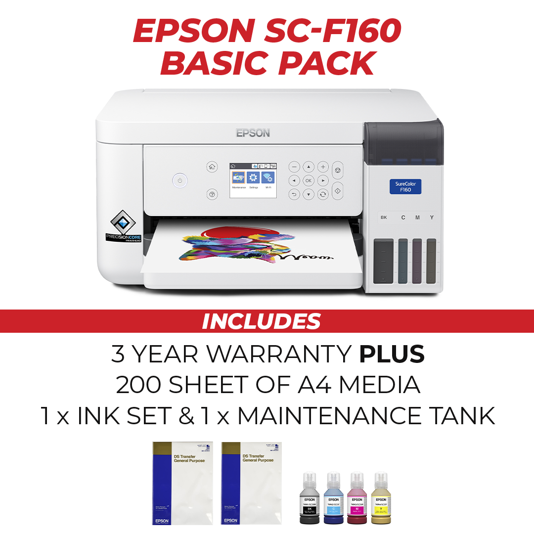 Epson SureColor SC-F160 A4 Dye Sublimation Printer with Compact Design for Small Business Custom Merchandise Printing.