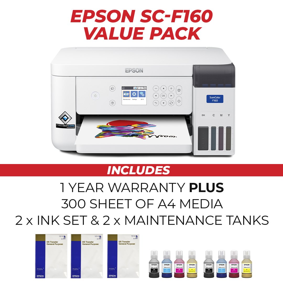 Epson SureColor SC-F160 A4 Dye Sublimation Printer with Compact Design for Small Business Custom Merchandise Printing.