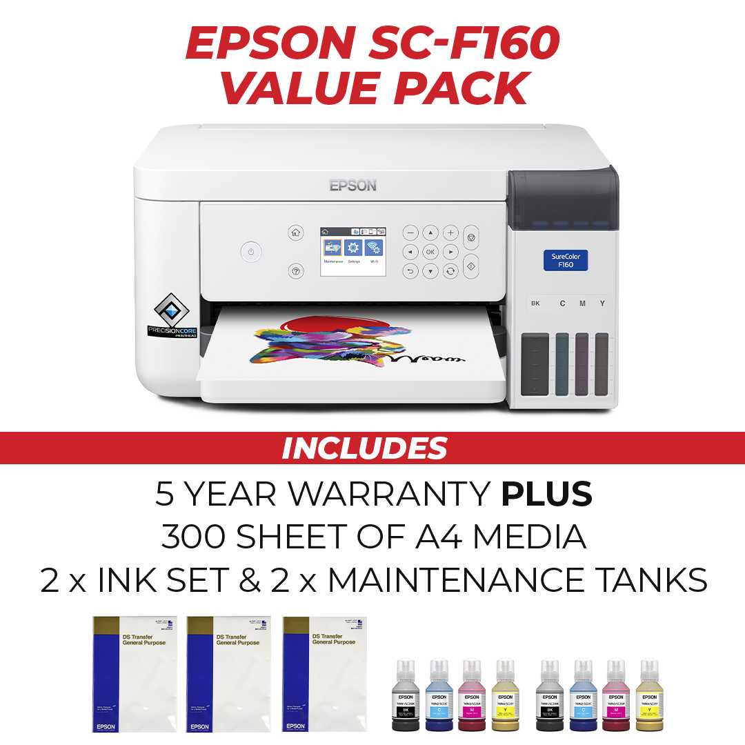 Epson SureColor SC-F160 A4 Dye Sublimation Printer with Compact Design for Small Business Custom Merchandise Printing.