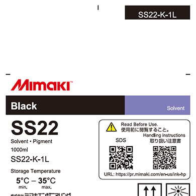 Mimaki SS22-K-1L ink cartridge label with product details and QR code.