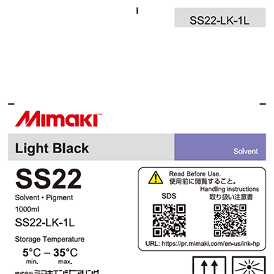 Mimaki label for Light Black SS22 solvent with product details and QR code.