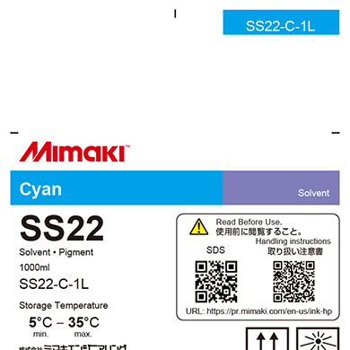 Mimaki SS22-C-1L cyan solvent ink cartridge label with product details and safety information.