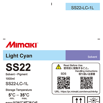 Mimaki solvent ink cartridge label for Light Cyan SS22 with product details and QR code.