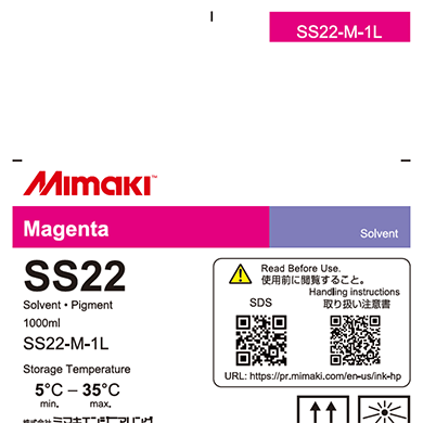 Magenta ink cartridge label with Mimaki branding and product details.