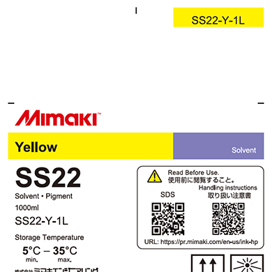 Mimaki solvent ink label for color SS22-Y-1L with product details and safety information.