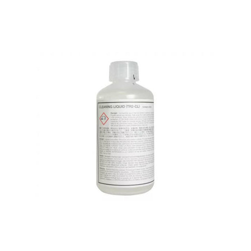A 500 ml bottle of Roland Cleaning Liquid TR2-CL2 with label and safety instructions.