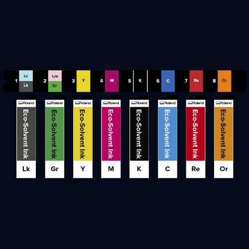 Set of Roland Eco-Solvent TR3 Ink cartridges with colour labels on a black background