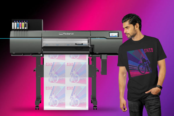 Roland DG TY-300 DTF Roll printer with printed t-shirt on a pink and purple gradient background