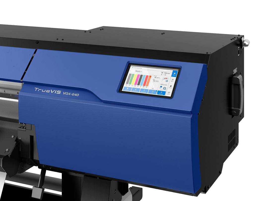 Blue TrueVIS VG4-640 printer with a touchscreen display on a white background