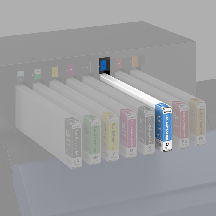 Roland Eco-Solvent Cyan (C) TR3 Ink cartridges with colour labels on a black background