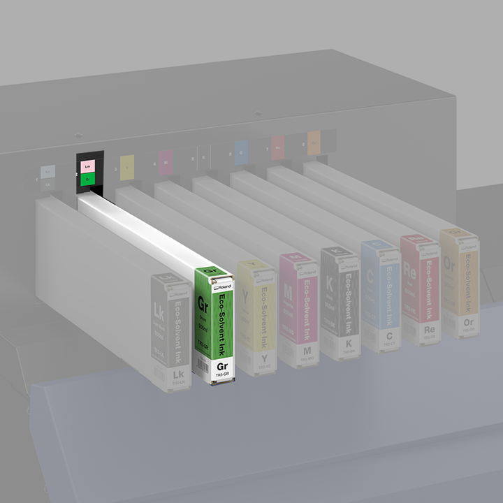 Roland Eco-Solvent Green (Gr) TR3 Ink cartridges with colour labels on a black background