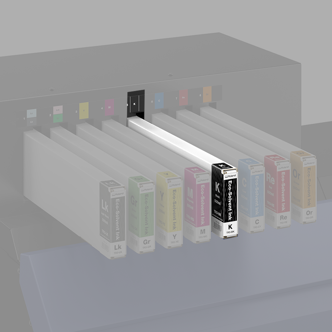 Roland Eco-Solvent Black (K) TR3 Ink cartridges with colour labels on a black background