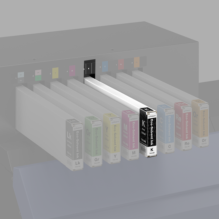 Roland Eco-Solvent Black (K) TR3 Ink cartridges with colour labels on a black background