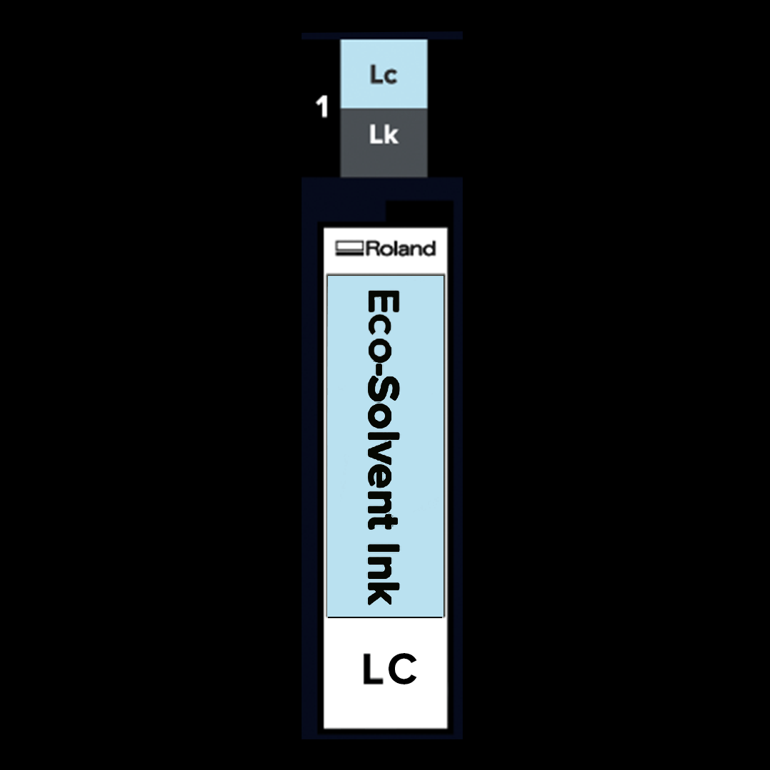 Roland Eco-Solvent Light Cyan (Lc) TR3 Ink cartridges with colour labels on a black background