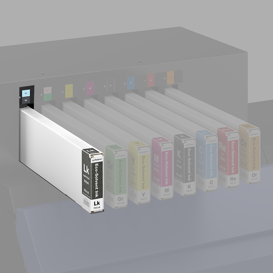Roland Eco-Solvent Light Black (Lk) TR3 Ink cartridges with colour labels on a black background